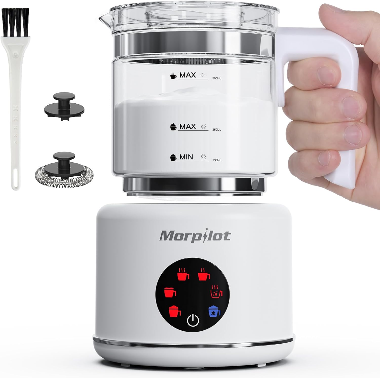 Morpilot Electric Milk Frother, 6-in-1 Milk Frother for Milk Frothing Hot and Cold, Hot Chocolate, 130-500 ml, 600 W, Visual Glass, Latte Design, Dishwasher Safe, White HS010