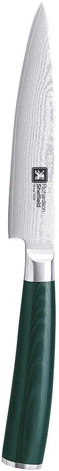 Richardson Sheffield MIDORI Damask All-Purpose Knife 5 Inch Professional Damascus Knife Extremely Sharp & Cut Retaining, Allrounder for the Kitchen, AUS-10 Damascus Steel, Micarta, Silver/Green