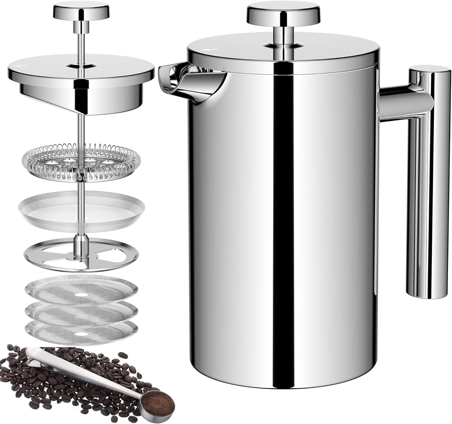 French Press Coffee Maker, 600 ml Stainless Steel French Press with 3-Level Filtration System, Double Wall Insulated Coffee Maker 600 ml with 3 Filters and 1 Metal Spoon