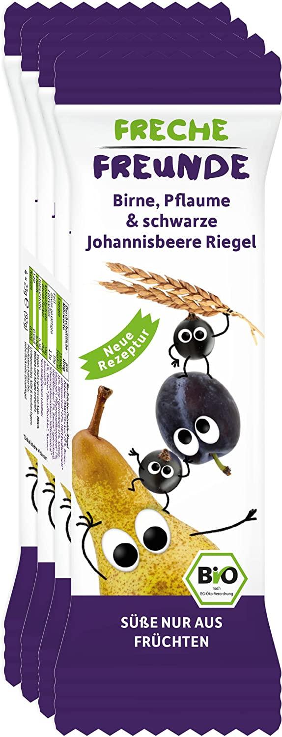 FRECHE FREUNDE Bio Frucht-Riegel Birne, Pflaume & schwarze Johannisbeere, Kindersnack ab 1 Jahr, ohne Zuckerzusatz, vegan, 6er Pack, 6 x (4 x 23g)