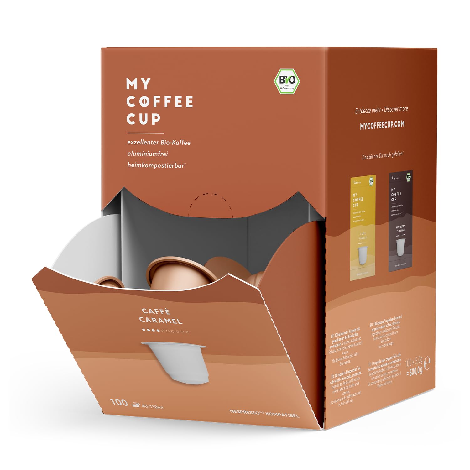 MY-COFFEE CUP My Coffee Cup - Mega Box Café Caramel - Organic Coffee I Coffee Capsules for Nespresso®³ Capsule Machines I 100% Home and Garden Compostable Coffee Capsules - 0% Aluminum and Sustainable (100