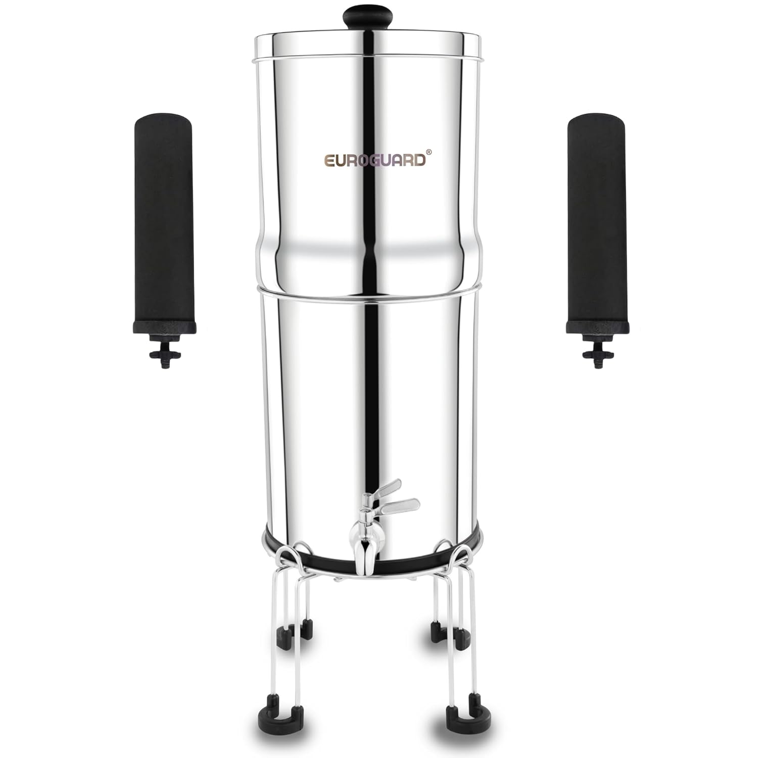 Gravity Water Filter System Made of 304 Stainless Steel | with Stainless Steel Bracket | Highly Polished or Matt | 2 Cartridges Included | Stainless Steel Tap (Silver