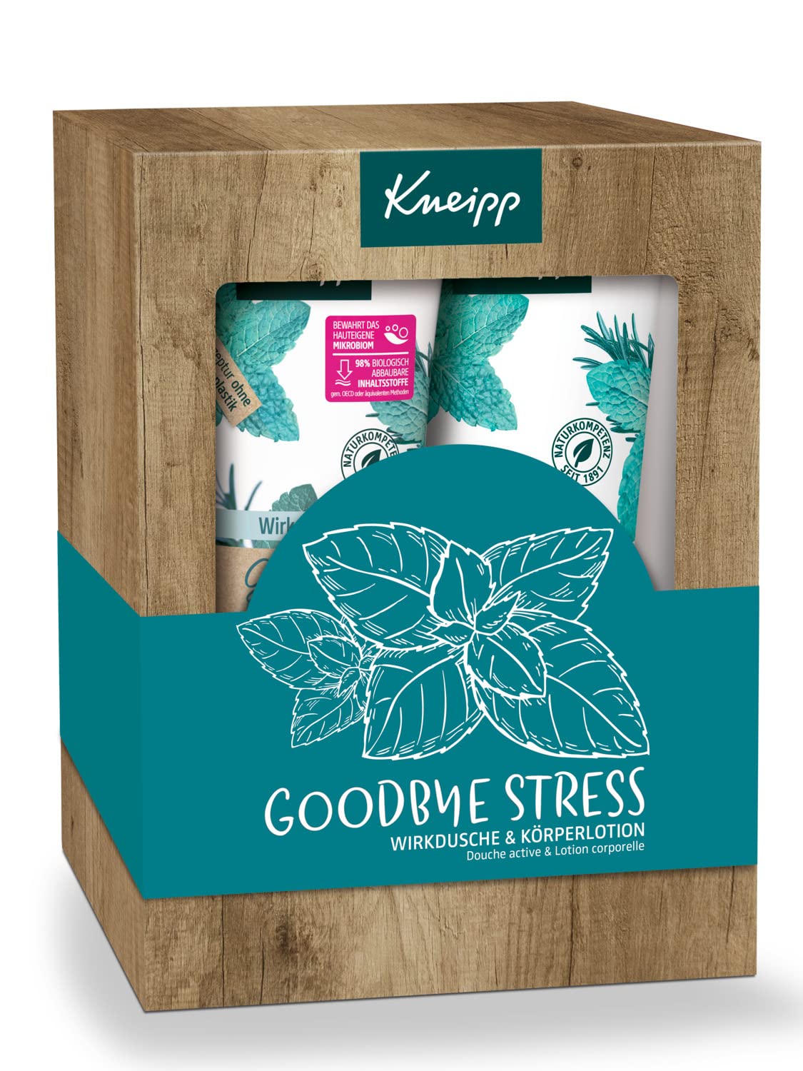 Kneipp Goodbye Stress Gift Pack - Set of 2 x 200 ml Effective Shower & Body Lotion - Precious Combination of Essential Oils - Just Relax Thanks to Rosemary Oil & Watermint Extract, ‎multicoloured