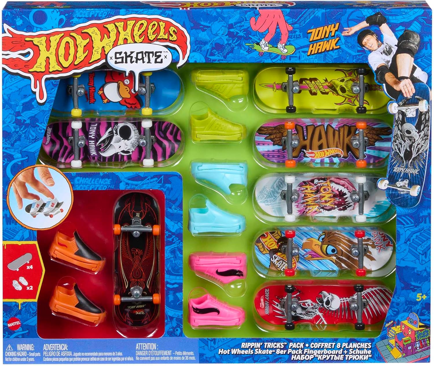 Hot Wheels Skate Rippin\' Tricks Pack - 8 Fingerboards and 4 Pairs of Skateboard Shoes with Tony Hawk Inspired Designs, for Ages 5 and up, HMY19
