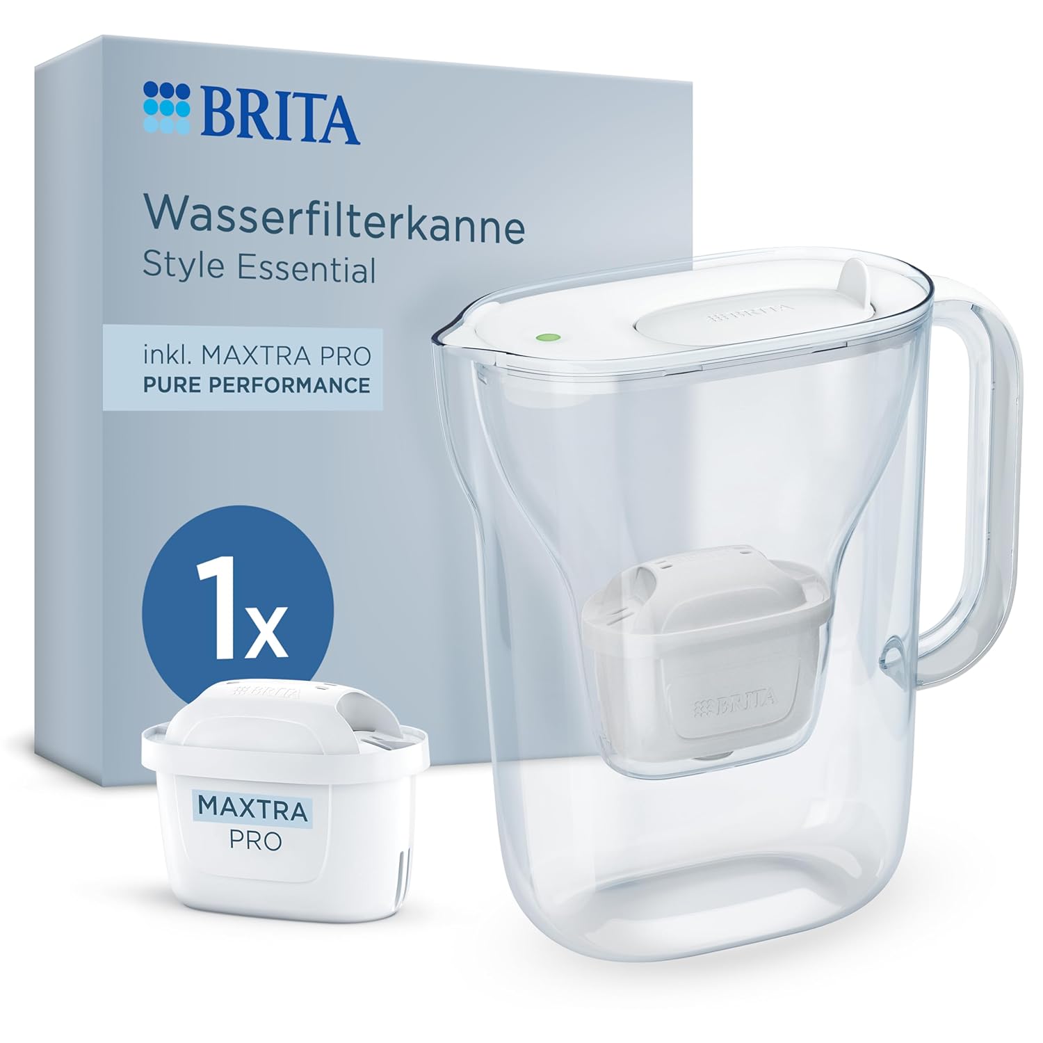 BRITA Style Essential Water Filter Jug White (2.4 L) Including 1x Brita Maxtra Pro Pure Performance - Refrigerator Safe Jug with Smart Light LED & Folding Lid, Filters Impurities & More