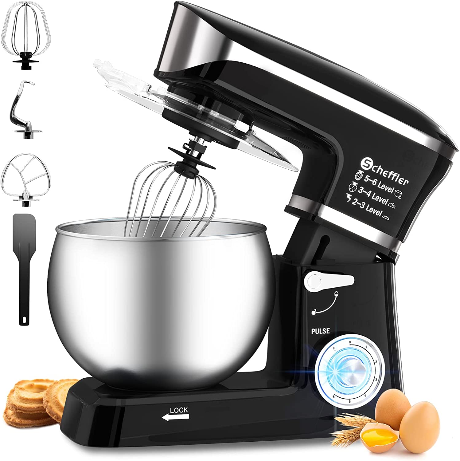 Scheffler Food Processor 2000 W Kneading Machine, 6 L Food Processor XL, Dough Machine, 6 Speeds, 8 Other Accessories Included, Dough Hook, Flat Stirrer, Whisk (6l-Black + Sliver)