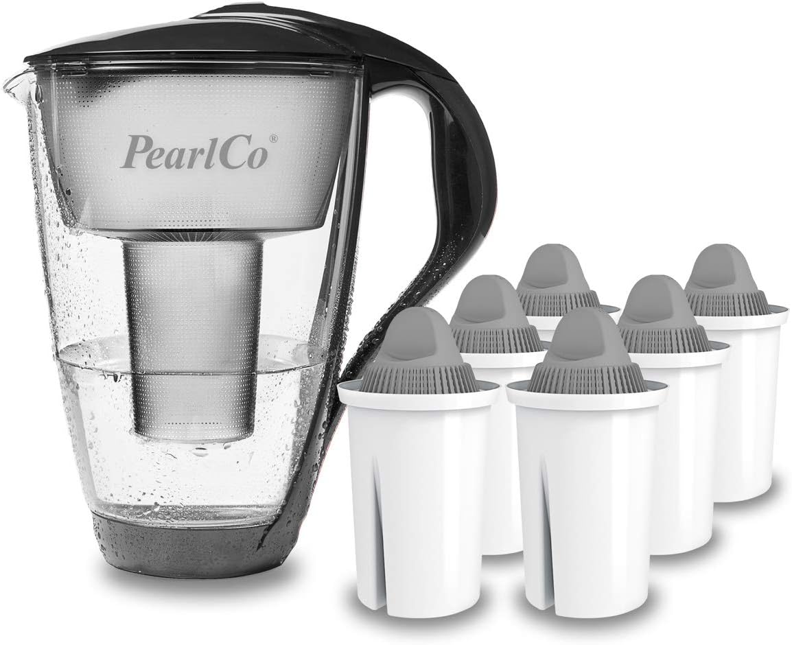 PearlCo Store PearlCo Glass Water Filter (Anthracite) with 6 Protect+ Classic Filter Cartridges (for Hard Water) - Made in EU