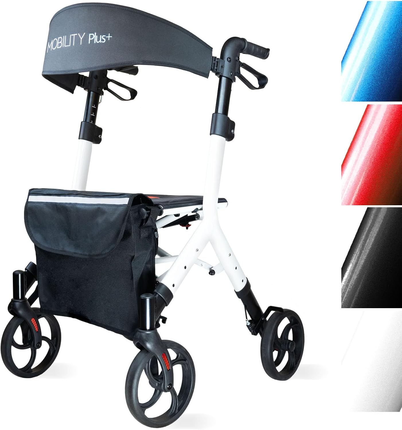 Mobility Plus+ Design Rollator DR10+ White - Indoor & Outdoor Narrow & Foldable - Height-Adjustable Walking Aid for Seniors with Back Strap & Bag - Internal Brake Cables without Disturbing Cables