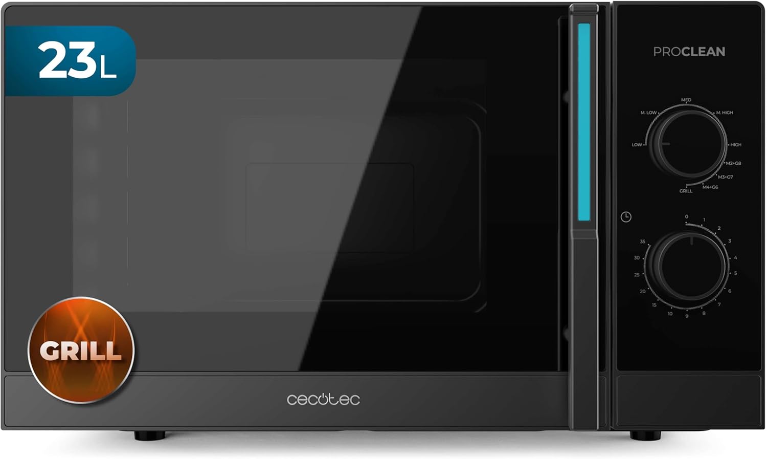 Cecotec Proclean 4120 Mechanical Microwave with Grill, 23 L, 800 W and 1000 W Grill, Even Cooking, 8 Power Levels, Defrost Function, Timer 35 Minutes, Turntable 285 mm