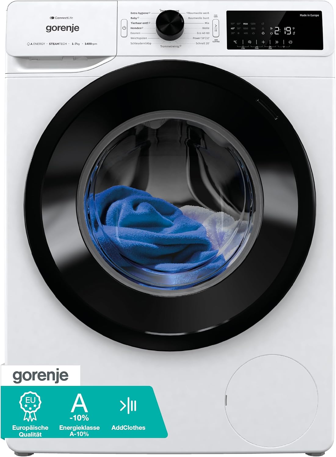 Gorenje WPAM74A1T Washing Machine with Steam Function, ConnectLife, 7 kg, 1400 rpm, 15 Programmes, Total AquaStop, Wave Active Drum, ExtraHygiene, PowerWash, Quick Wash, Energy Efficiency: A-10%