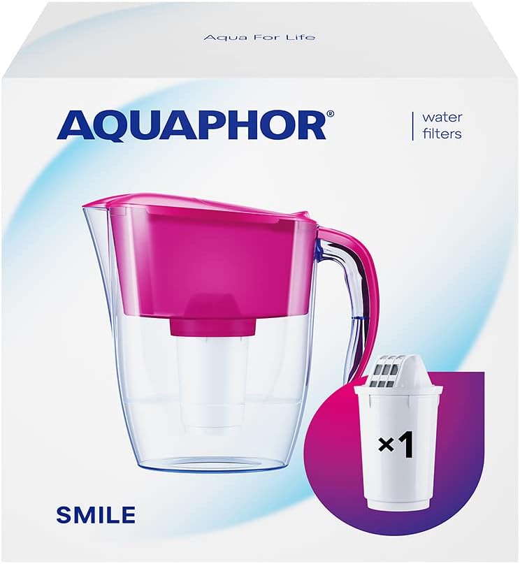 AQUAPHOR Smile Cyclamen Water Filter Including 1 A5 Filter with Magnesium I Reduces Limescale and Chlorine I Carafe for 2.9 L I Compact & Lightweight Water Filter I Table Water Filter I Fits in the