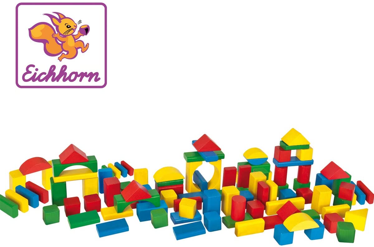 Eichhorn Colourful Wooden Building Blocks In One Shape, Colourful
