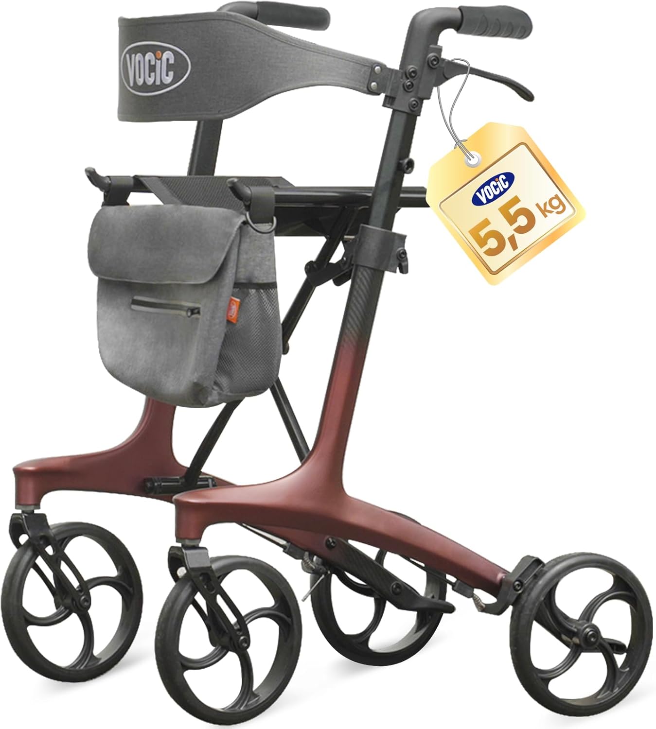 VOCIC Z75 Carbon Rollator Foldable and Lightweight with Seat, 5.5 kg Ultralight Rollator Slim for Home, Indoor & Outdoor Foldable Rollators Foldable for Seniors, Max. 136 kg, 5 Years Support, Red