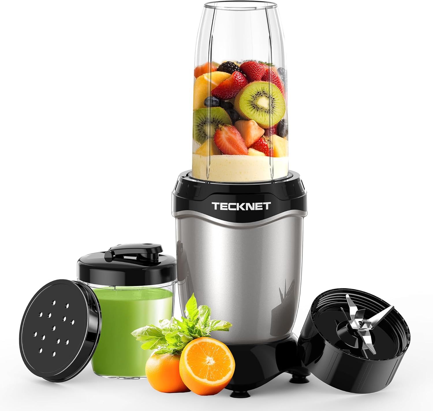 TECKNET Smoothie Maker, 600 W Mini Blender Smoothie Mixer with 4 Stainless Steel Blender, Portable Stand Mixer, 500 ml Cup with 150 ml Bottles, BPA-Free Tritan, Electric Blender to Go for Shake and