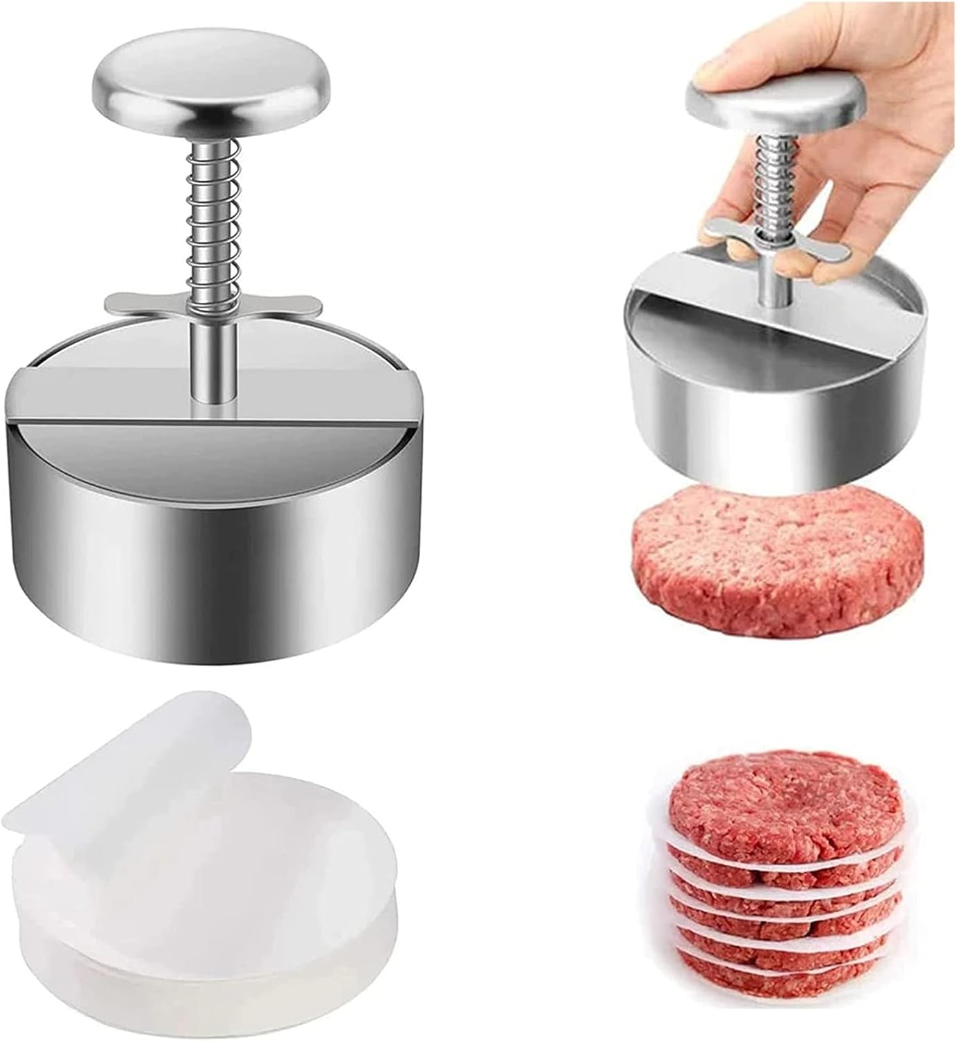 Generic Burger Patty Press - Adjustable Stainless Steel Manual Meat Press with Non-Stick Coating & 100 Hamburger Patty Paper Included Ideal for Perfectly Shaped Burgers.