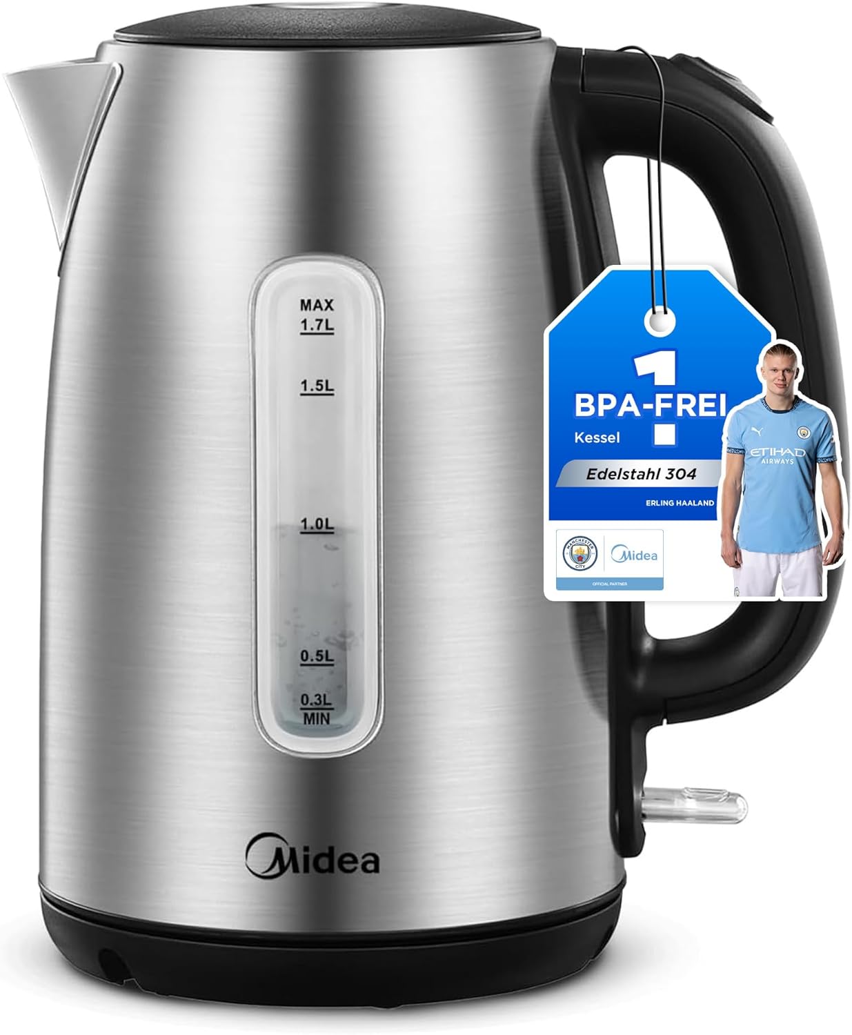 Midea MKE17M1ADS Stainless Steel Kettle, 1.7 L, BPA-Free Kettle, 2200 W Quick Boil Function, Kettle with Water Level Indicator, LED Light Indicator, 360° Base, Dry Run Protection, MKE17M1ADS
