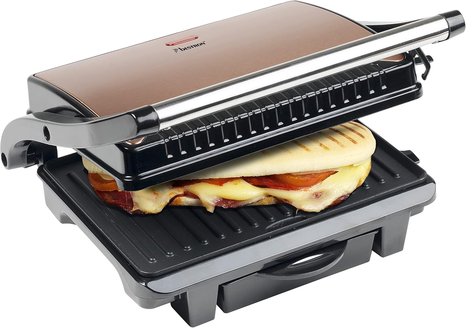 Bestron ASW113CO Electric Contact Grill with Crumb Tray, Sandwich Maker with Cool-Touch Handle and Non-Stick Coating, Panini Maker with 1000 Watt, Colour: Copper, Diameter 28.5 cm