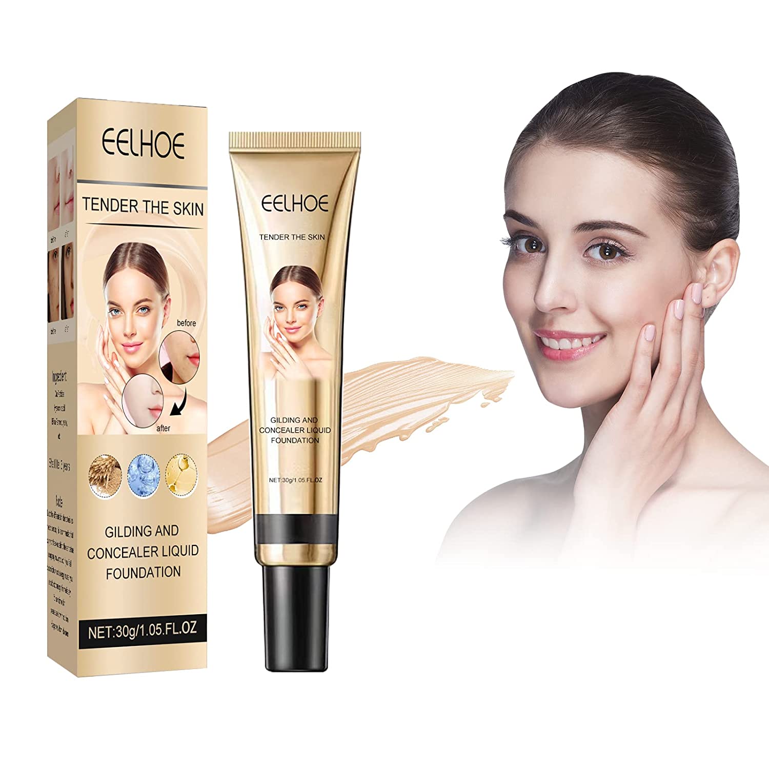 KUIRUNRX Liquid foundation, concealer foundation, liquid foundation, full coverage, face make-up base, full coverage, new formula, long-lasting, oil-free, smooth (Ivoire), ‎ivory