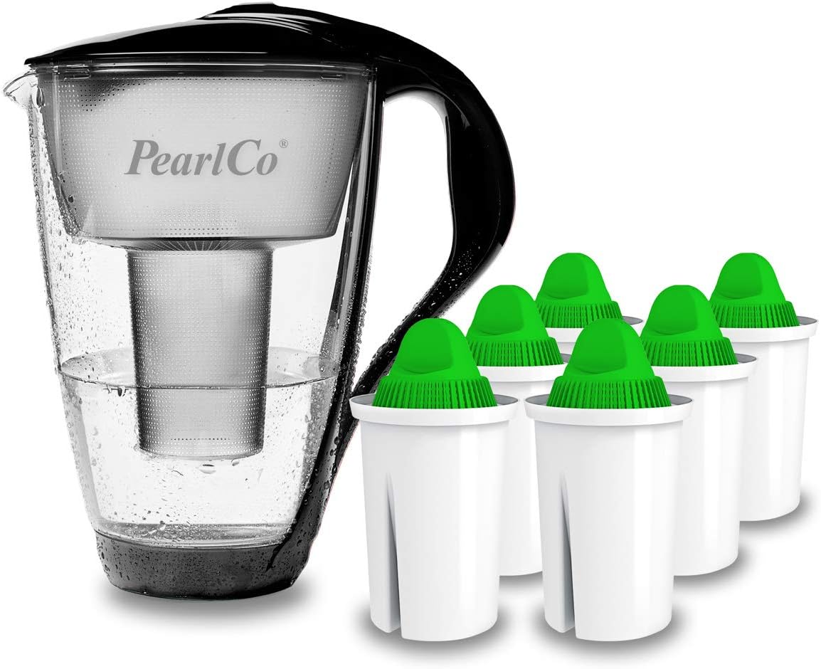 PearlCo Glass Water Filter (Black) with 6 Alkaline Classic Filter Cartridges - Made in EU