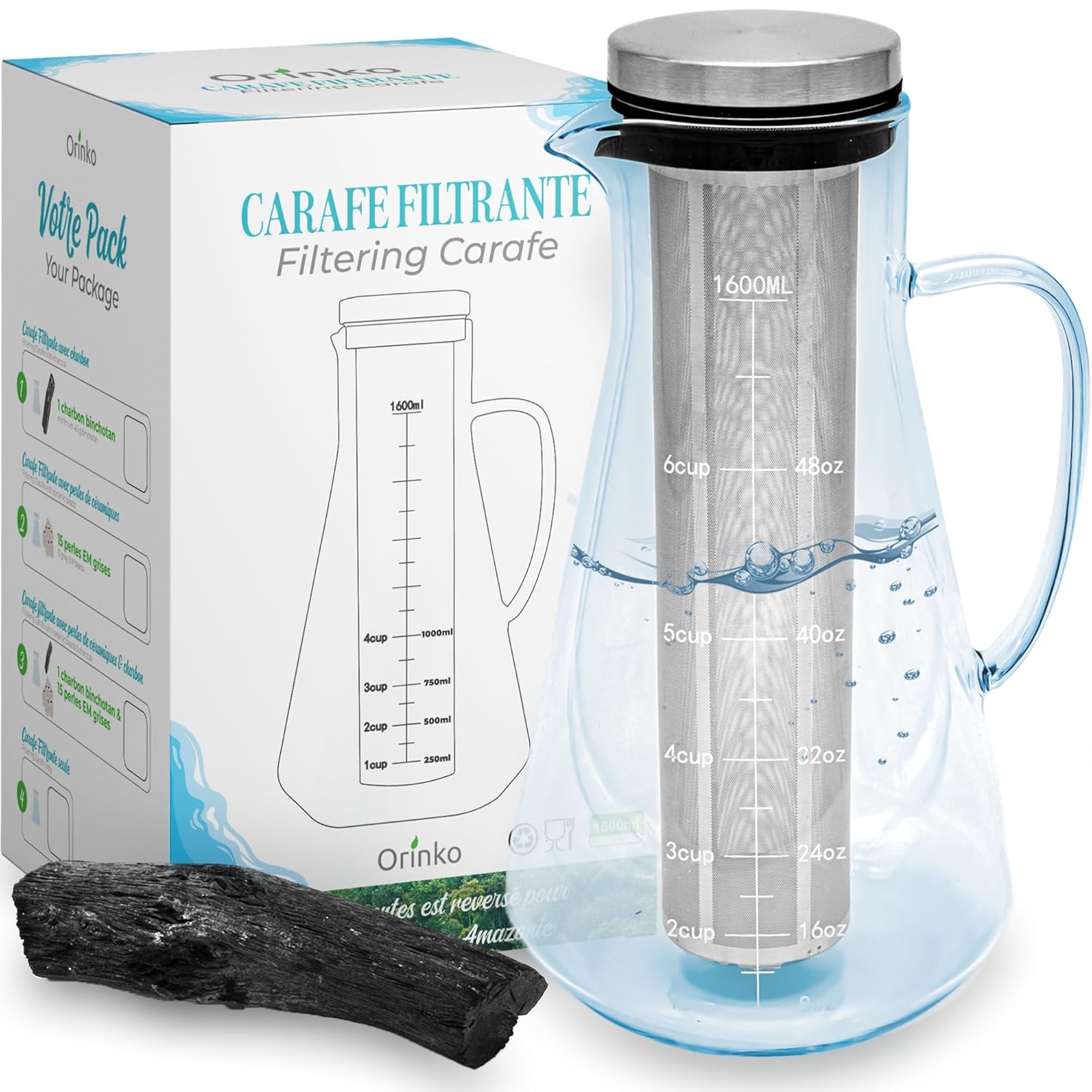 Water Treatment Kit: Binchotan & Glass Carafe | Organic Kishu Binchotan 40g with Filter Carafe 1.6L Japanese Binchotan Activated Carbon for Water Purification in Carafe + E-Book