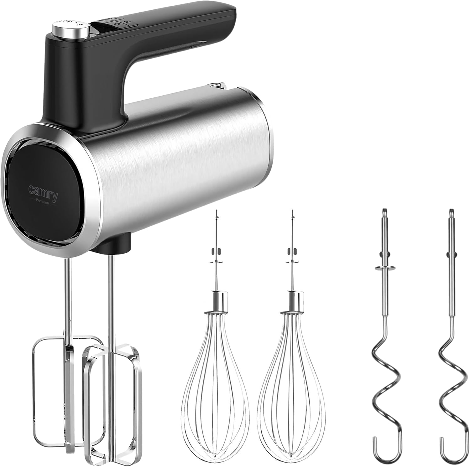 CAMRY Hand Mixer with Accessory Stand with 5 Speed Levels and Turbo Hand Mixer 900 W - 3 Stainless Steel Attachments Dough Hook Whisk Whisk - Hand Mixer Powerful and Versatile
