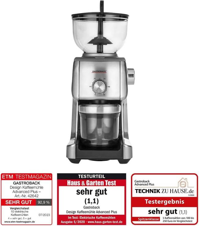 Gastroback 42642 Design Coffee Grinder Advanced Plus, Hands-Free Operation, 400 g bean containers, 16 grade settings fine to coarse, 130 watts, professional stainless steel bevel grinding mill, silver