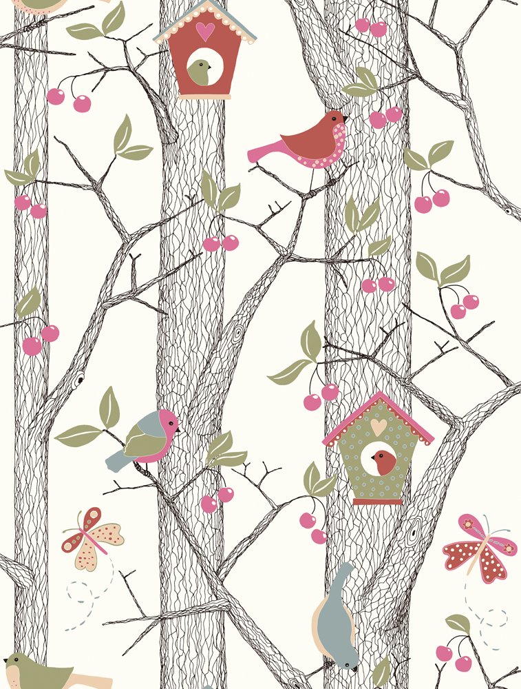 BorasTapeter Lilleby 2652 Fleece Wallpaper Cherry Tree With Birds Red Blue Green