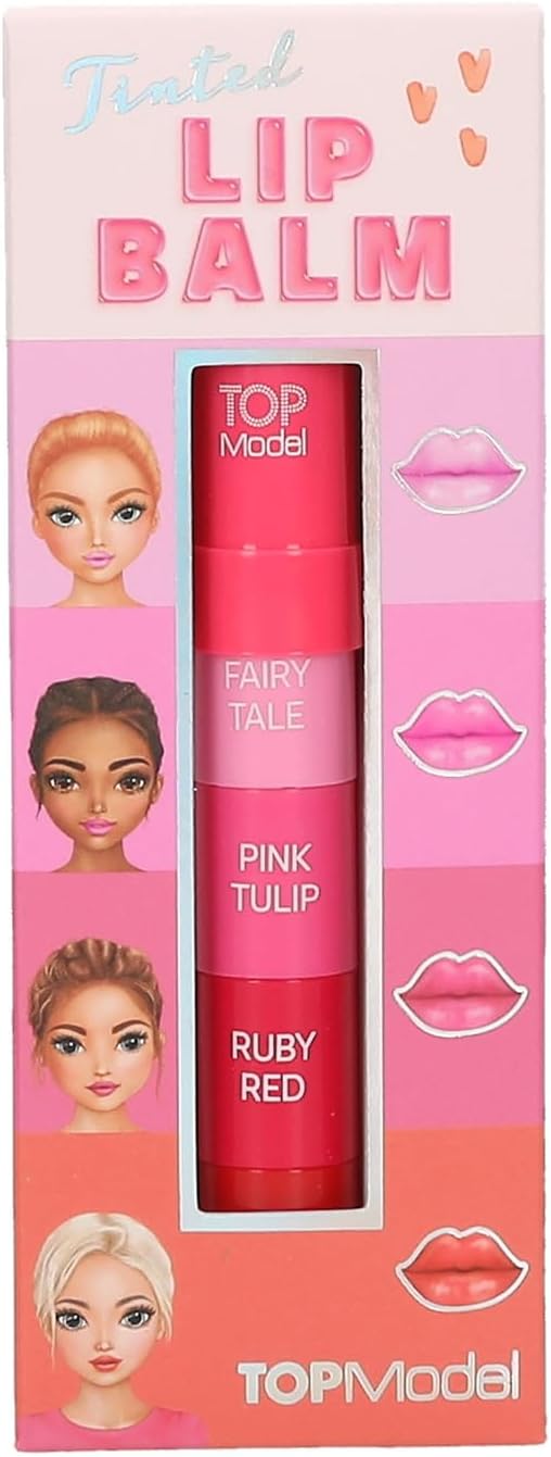 Depesche TOPModel 13492 Lip Care Pen Beauty and Me Set of 4 Colors in Red and Pink Tones with Cotton Candy Fragrance