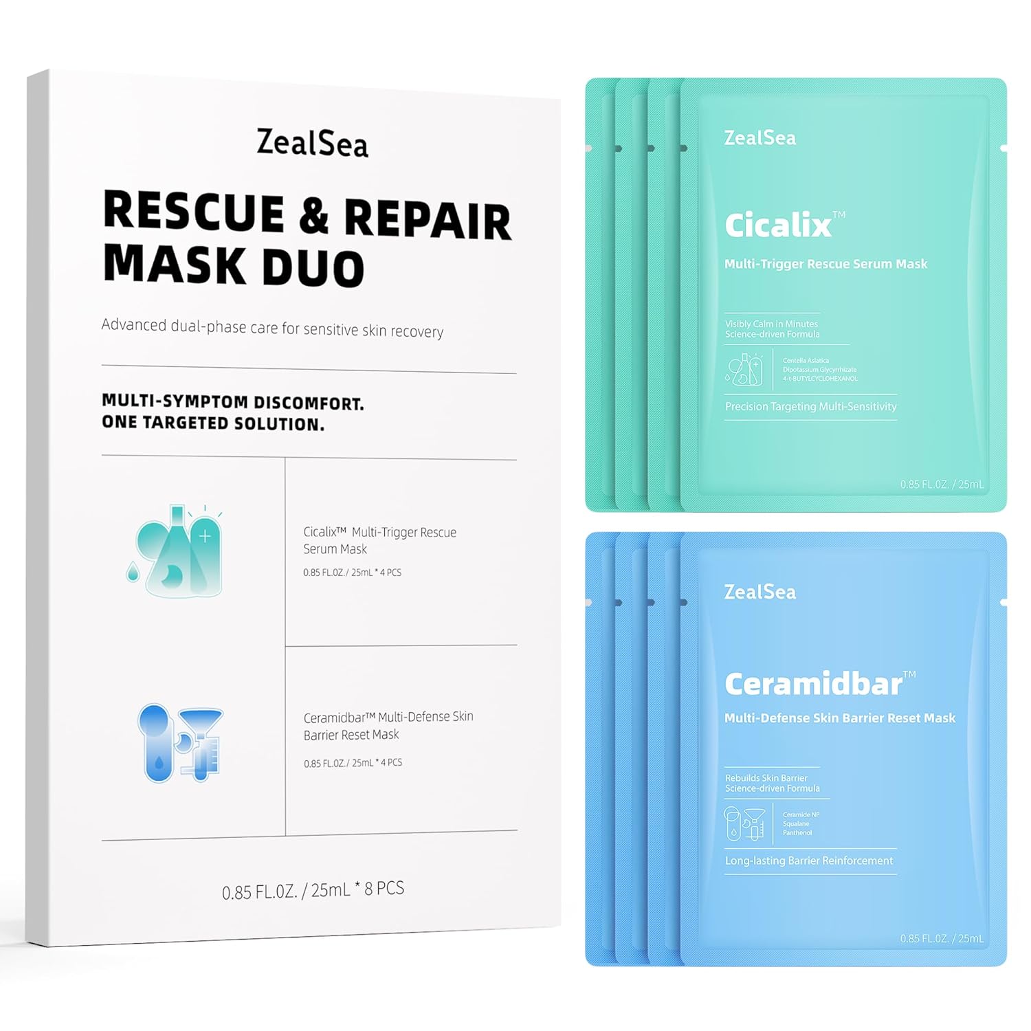 ZealSea Cicalix & Ceramidbar Face Masks Skin Care Set, Derm Solution Sheet Mask for Multi-Trigger Sensitivity, Soothing and Relieving, Strengthens and Regenerates the Skin, Face Mask with Cica