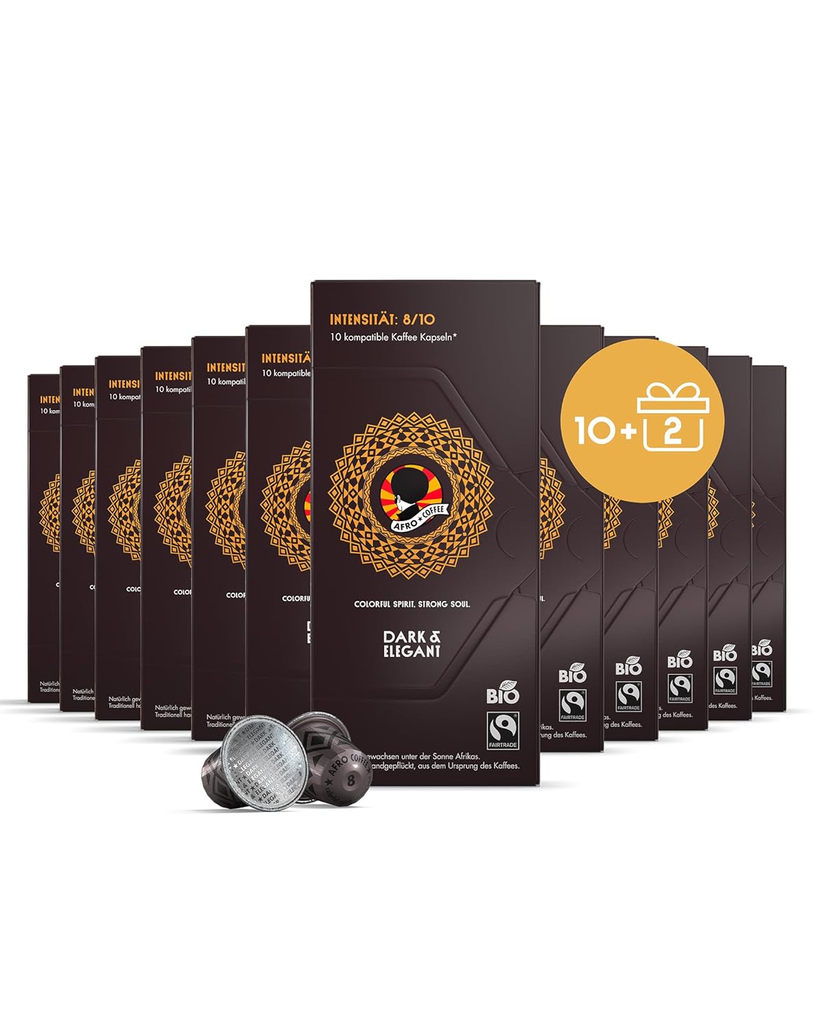 AFRO COFFEE Dark & Elegant Organic I Offer 10+2 I 120 Premium Coffee Capsules Fairtrade I 100% Arabica I in Compatible Coffee Capsules I Ethiopia I Bitter Chocolate I Dark Roasted & Low Acid