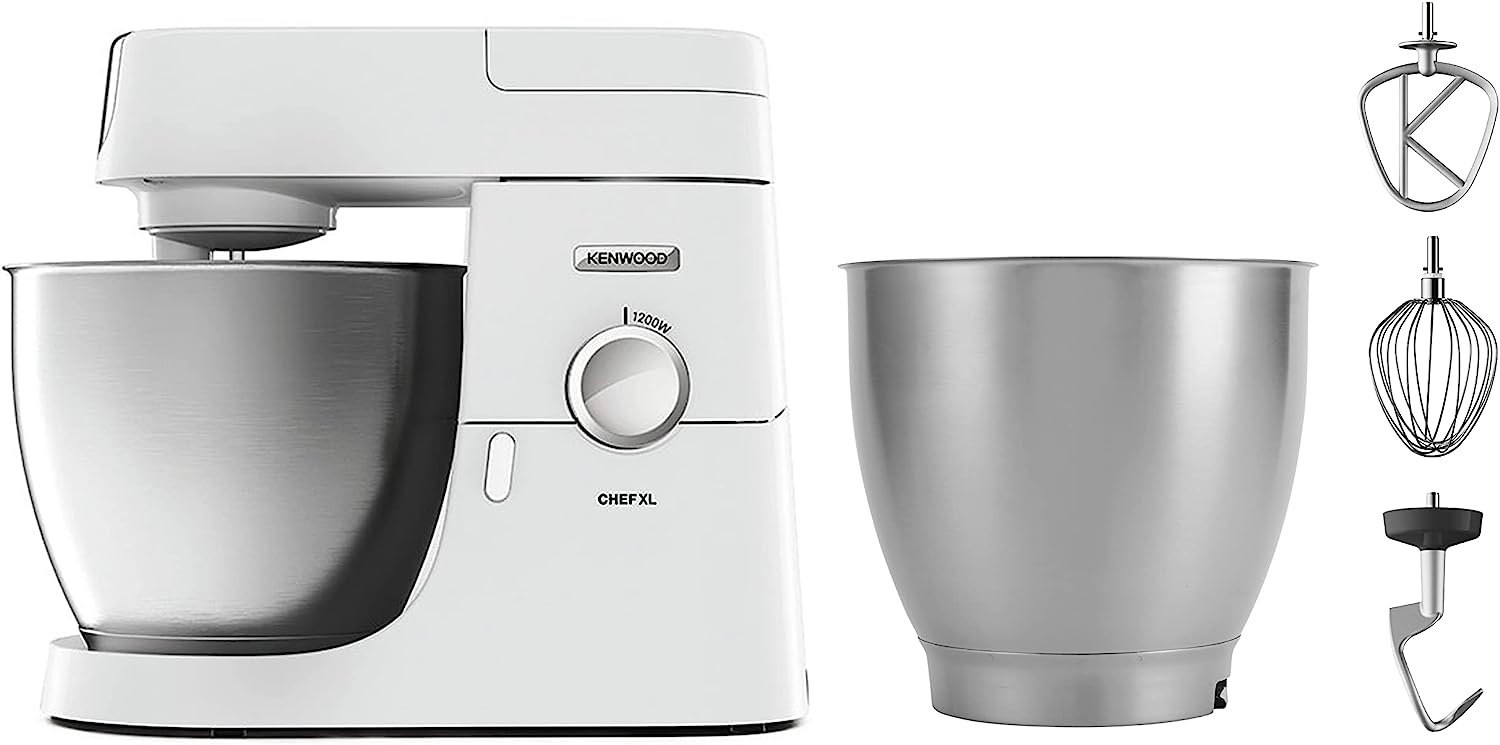 Kenwood Chef XL KVL4101W Food Processor, 6.7 l Stainless Steel Bowl, Interlock Safety System, 1200 Watt, including 3-Piece Patisserie Set and Second Bowl, White