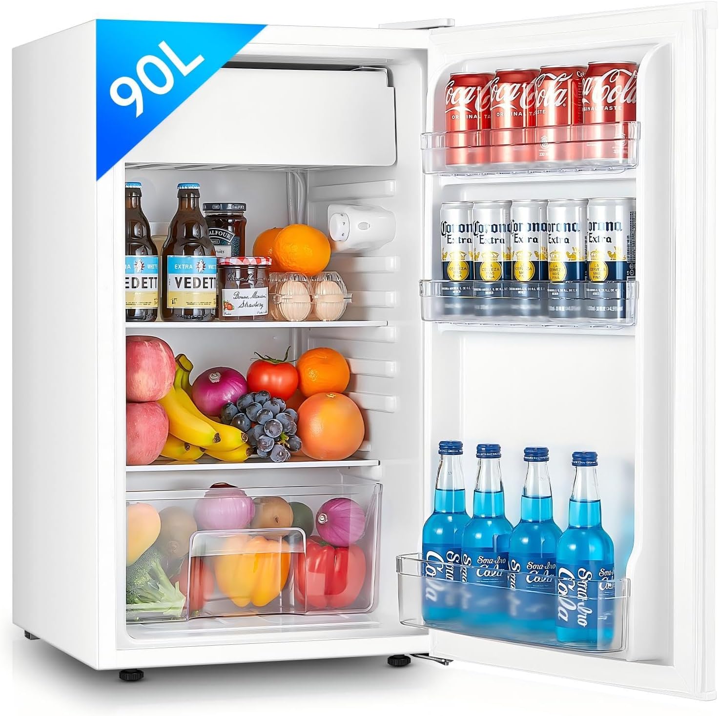 FOHERE Fridge with Freezer 90 L, Small Fridge with Fruit and Vegetable Compartment, 7 Adjustable Temperature Control, 84 kWh per Year, Door Hinge Changeable, Adjustable Feet, White