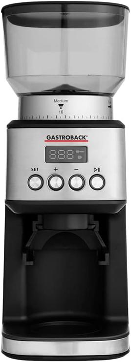 GASTROBACK #42643 Design Coffee Grinder Digital, 31 Grinding Settings from Fine to Coarse 2 Automatic Modes: Direct Grinding into the Portafilter or Storage Container, Silver/Black
