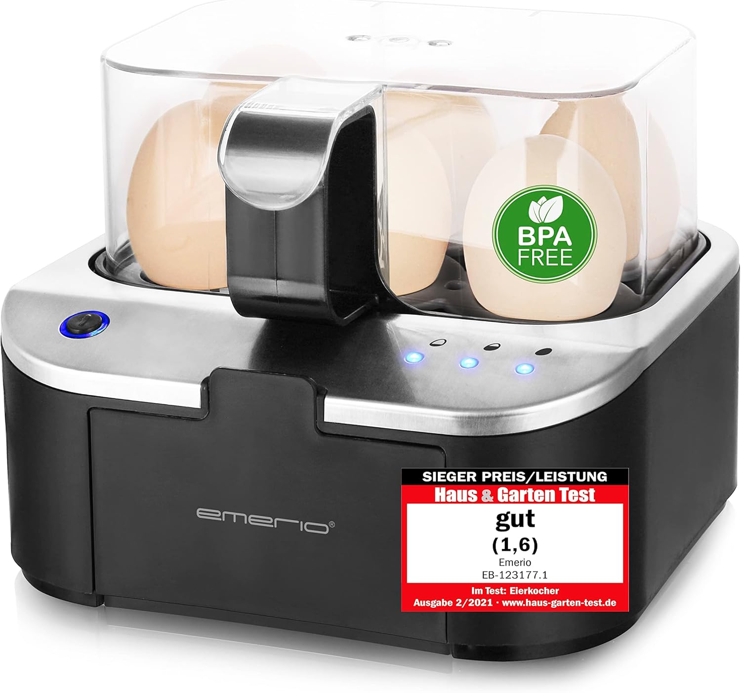 EMERIO Talking Egg Cooker WINNER Price/Performance NEW cooks all three doneness levels [soft|medium|hard] in ONE cooking process with perfect results Voice output in DE BPA free, EB-123177.1