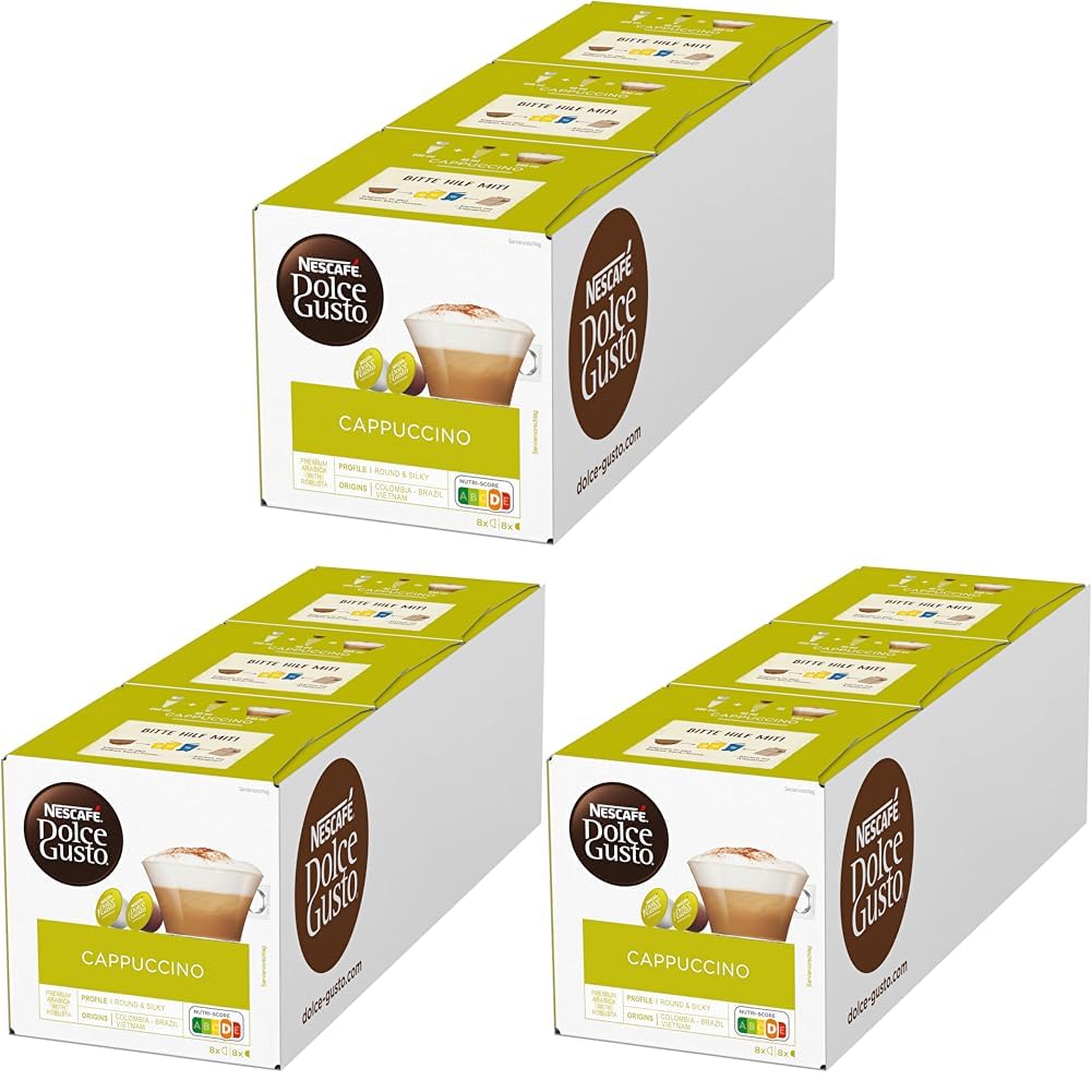 NESCAFÉ Dolce Gusto Cappuccino, 48 Coffee Capsules, Arabica and Robusta Beans, Full-bodied Coffee and Loose Milk Foam, Aroma Sealed Capsules, Pack of 9 (3 x 16 Capsules)