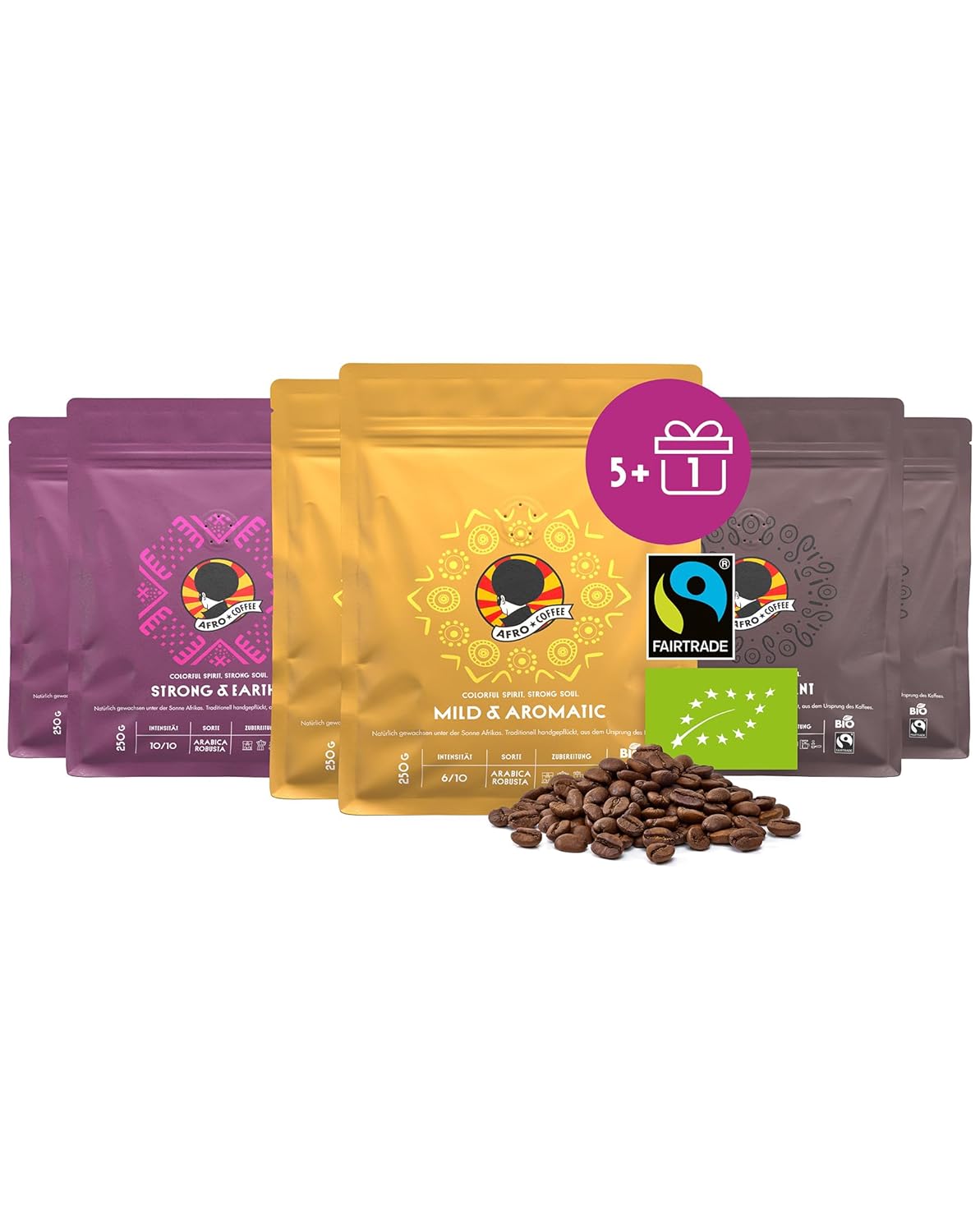 AFRO COFFEE Coffee Beans Tasting Set with 3 Varieties I Offer 5+1 250 g Premium Coffee Beans Fairtrade I Arabica & Robusta Coffee Whole Beans I Bean Coffee from East Africa I Hand-Picked & Low Acid