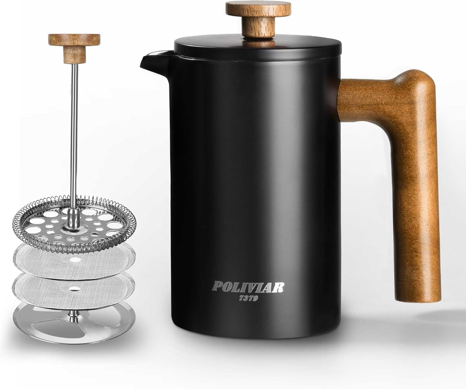Poliviar French Press Coffee Maker 600 ml/21 oz, Double-Walled Insulated Coffee Pot, Hand Filter Coffee Press with Plunger & Wooden Handle, (Black) JX2024-SFPB-DE