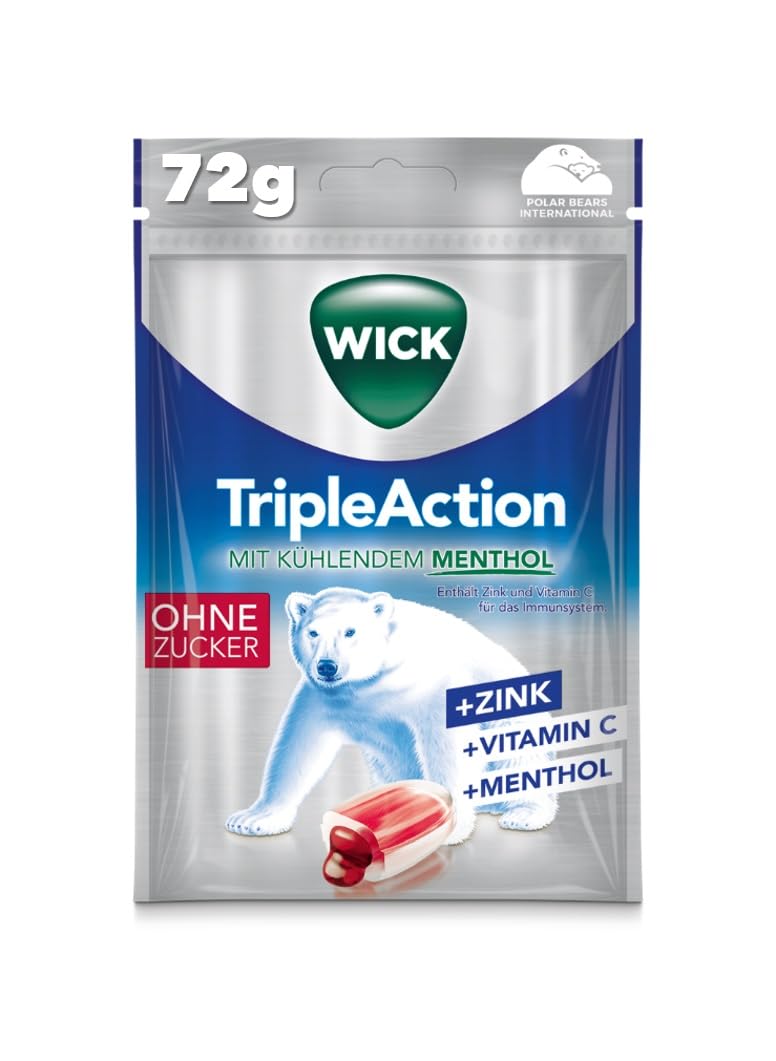 WICK Triple Action with Menthol without Sugar - Filled with Currant Juice Concentrate and Cooling Menthol - With Zinc and Vitamin C - Pack of 1 (1 x 72 g)