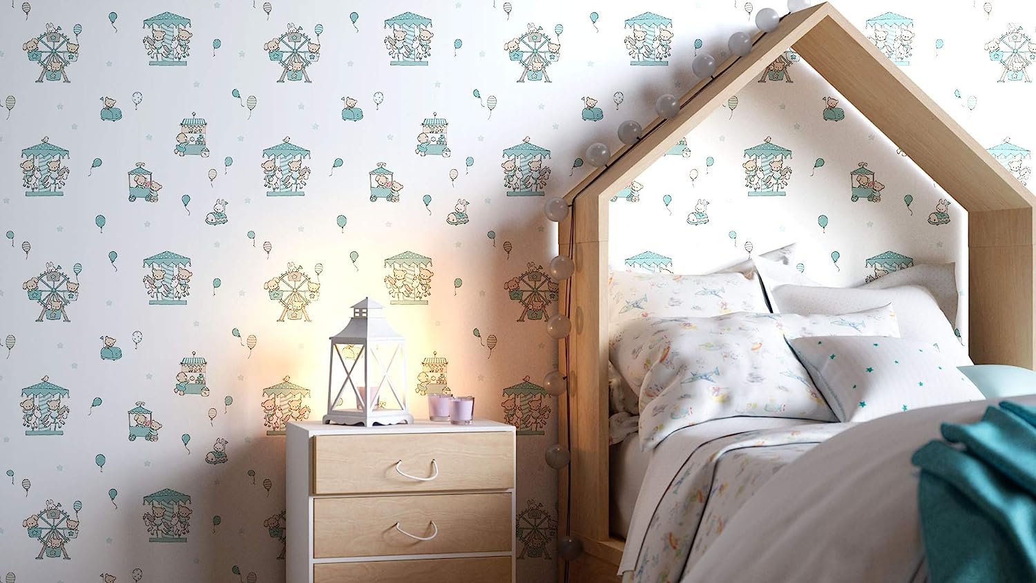 Newroom Design Newroom Children\'s Wallpaper Turquoise Animals Fairs Children Paper Wallpaper White Paper Children\'s Wallpaper Nursery Baby Wallpaper Baby Room
