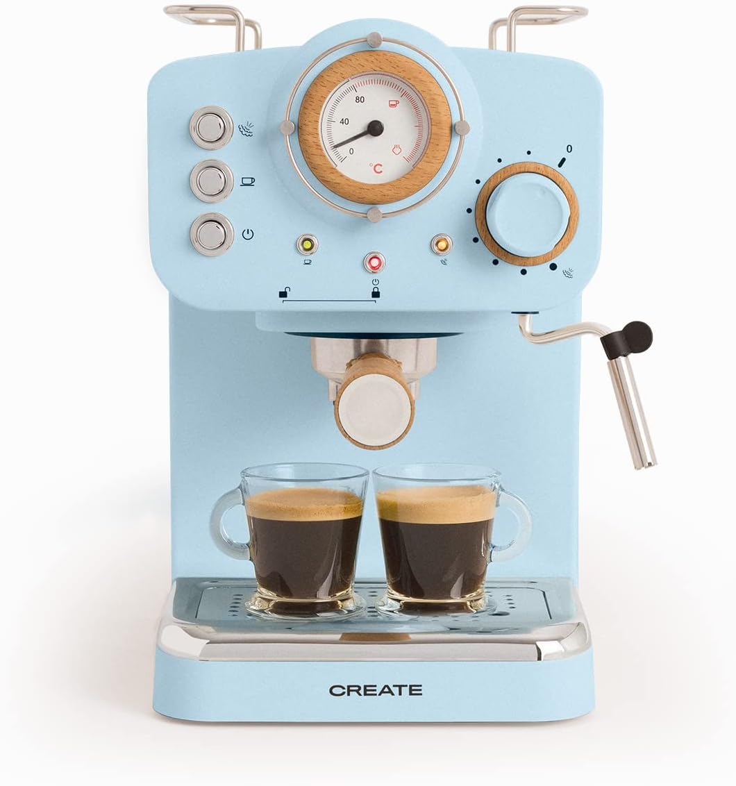 CREATE Thera Matt Retro Espresso Machine, Matte Blue and Wood, Semi-Automatic, with a 15 Bar Pressure Pump and 1100 W, 1.25 L Water Container, for Ground Coffee, 55 mm ESE Pads