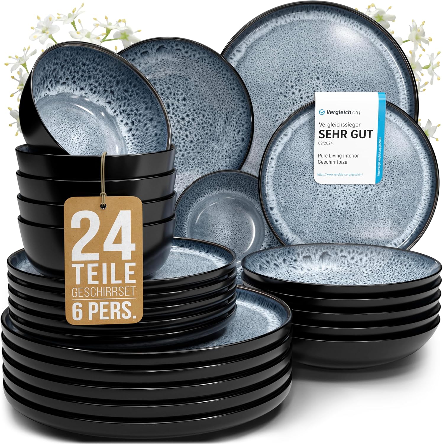 Pure Living Ibiza Stoneware Crockery Set for 6 People, 24-Piece Mediterranean Stoneware Tableware Set, ‘Very Good’ in Test, Bowl and Plate Set, Dinner Service for 6 People, Smoke Blue
