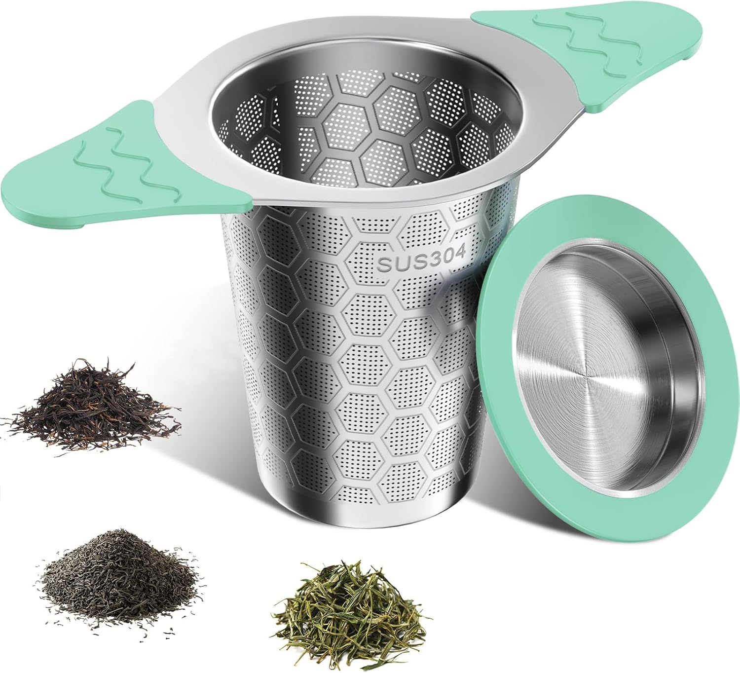 yomanta Tea strainer for loose tea with lid, wide handle with heat-resistant silicone, 304 stainless steel tea strainer for teapots/cups, green