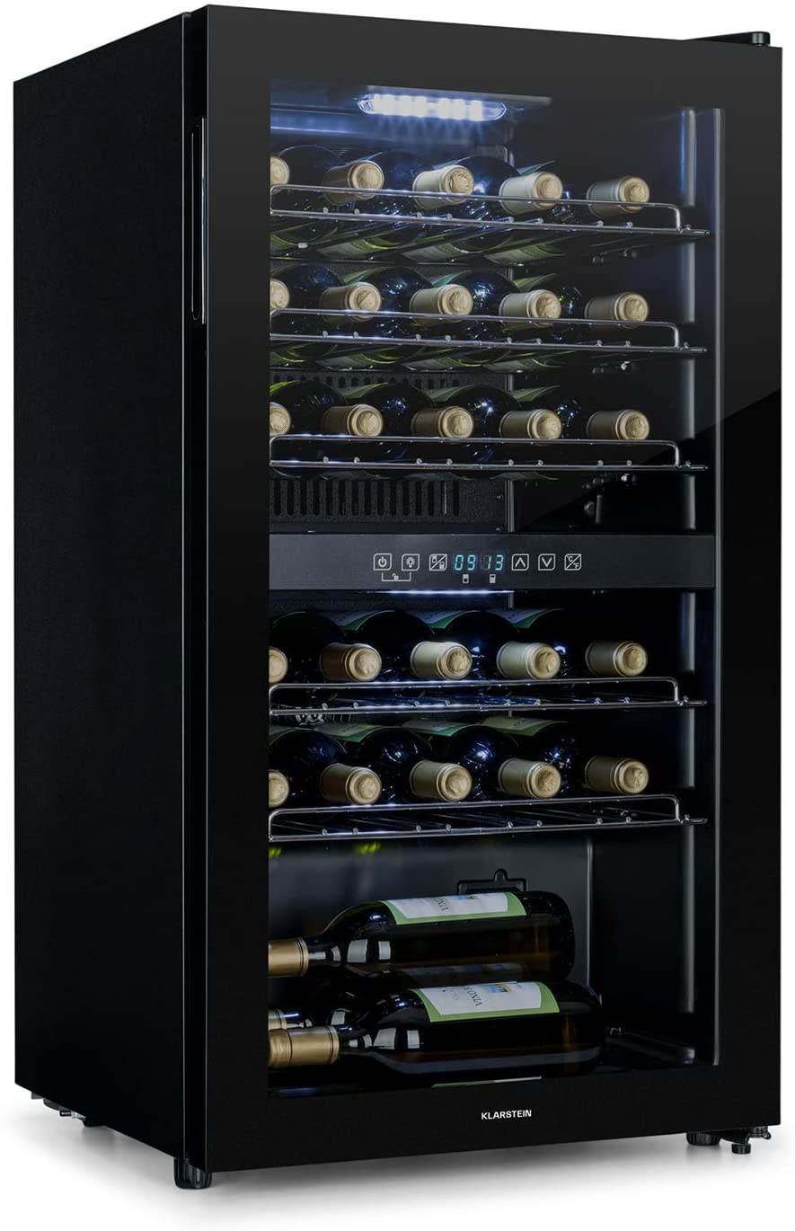 Klarstein Shiraz Duo Wine Refrigerator 2 Zones Wine Cabinet with LED Interior Lighting Wine Climate Cabinet with Panoramic Glass Door 42 dB Black Volume 80 Liters / 29 Bottles Black
