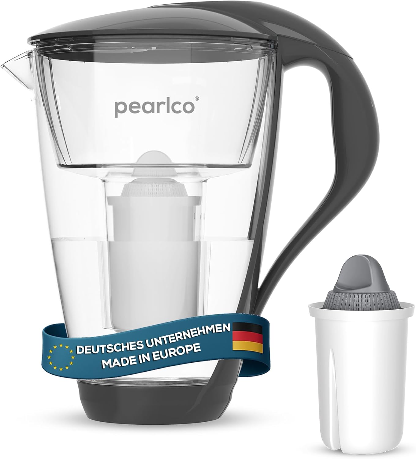 PearlCo Glass Water Filter (Anthracite) with 1 Protect+ Classic Filter Cartridge (for Hard Water) - Made in EU