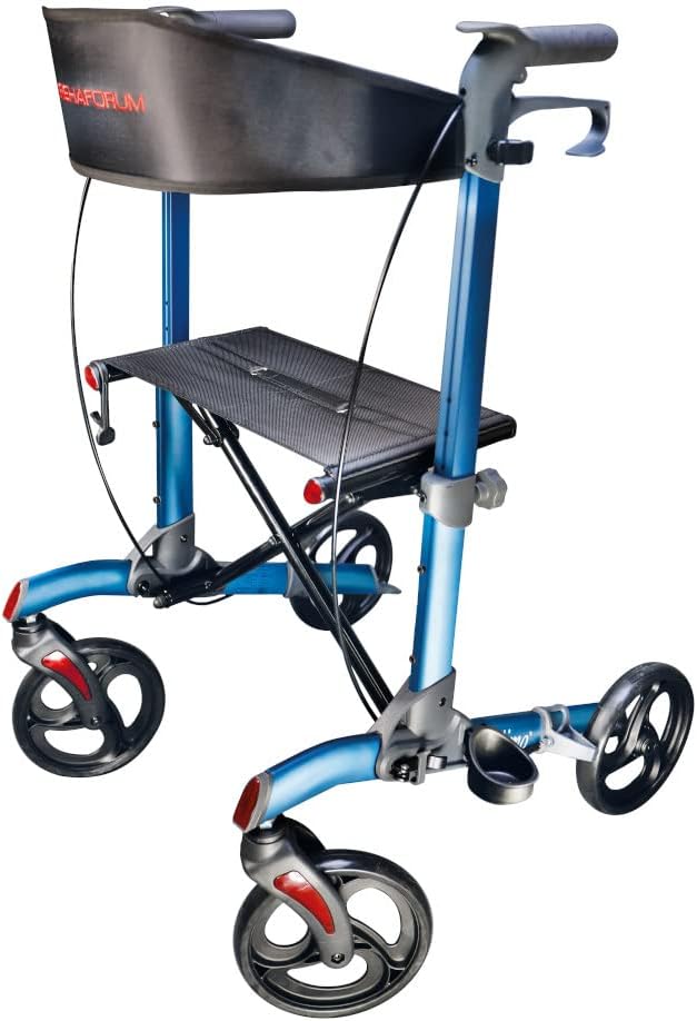FabaCare Actimo Premium Lightweight Rollator Aluminium Foldable Rollator with Seat Back Strap Tilt Aid Aluminium Rollator Maximum Load 136 kg Blue