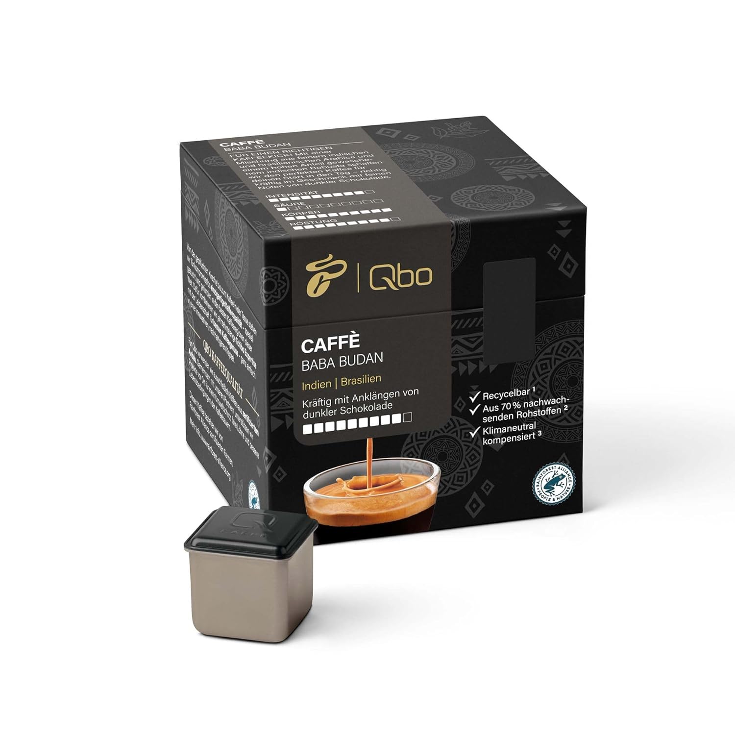 Tchibo Store Tchibo Qbo Caffè Baba Budan Premium Coffee Capsules, Pack of 27 (Caffè, Intensity 09/10, Strong, Notes of Dark Chocolate), Sustainable, Made from 70% Renewable Raw Materials & Climate Neutral