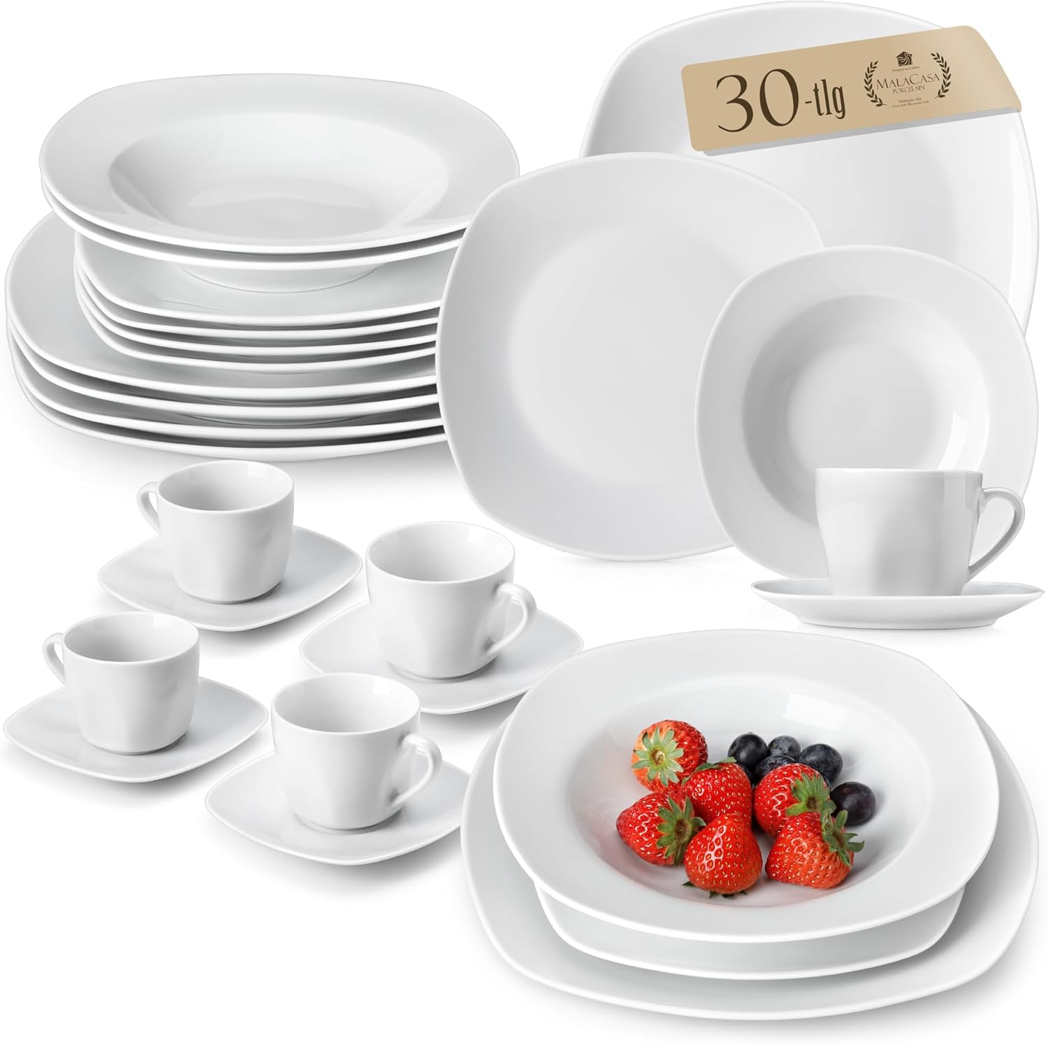 MALACASA, Elisa Series, Porcelain Dinnerware Set, 30 Pieces Crockery Set with 6 Coffee Cups, 6 Saucers, 6 Dessert Plates, 6 Soup Plates, 6 Dinner Plates