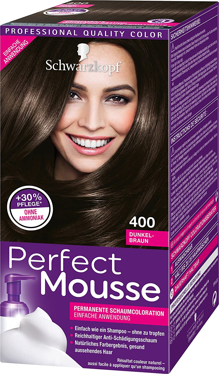 Schwarzkopf Perfect Mousse Permanent Foam Color 400 Dark Brown Level 3 Pack of 3 x 93 ml, ‎dark step