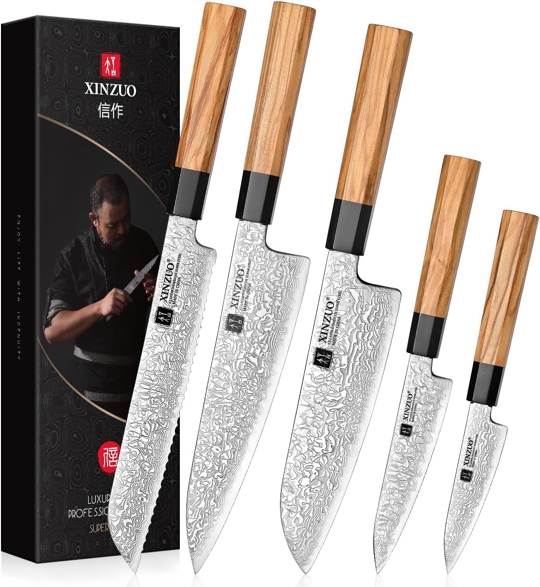 XINZUO Kitchen Knife Set, 5 Pieces, 67 Layers, Damascus Steel Chef's Knife Set, Professional Forged Damascus Knife Set, Sharp Blade, Chef's Knife Set, Chef Santoku Bread, All-Purpose Fruit Knife, Olive Wood Handle