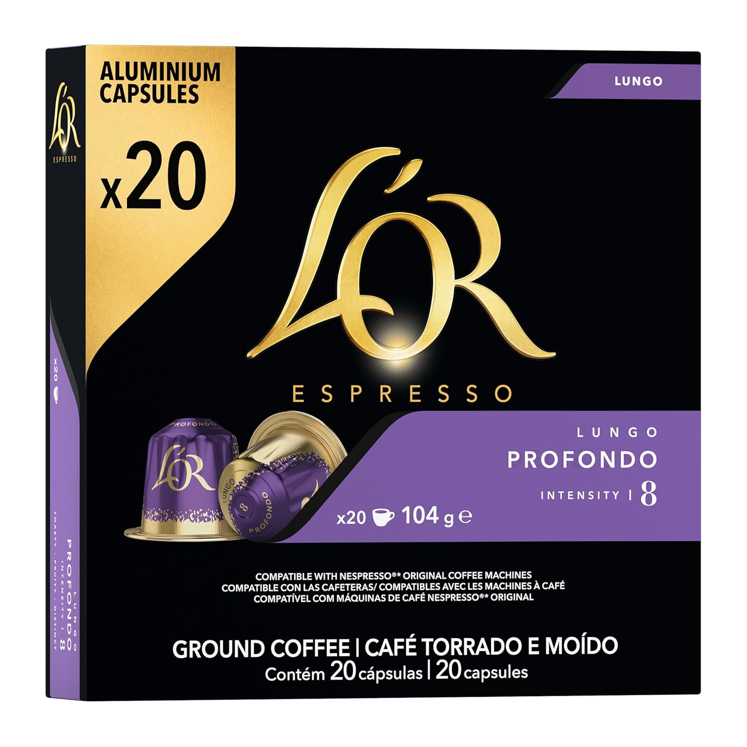 L'OR L\'OR Lungo Profondo Coffee Capsules, Intense & Spicy, Intensity 8/13, 20 Drinks, Nespresso* Compatible Coffee Capsules, 20 Capsules